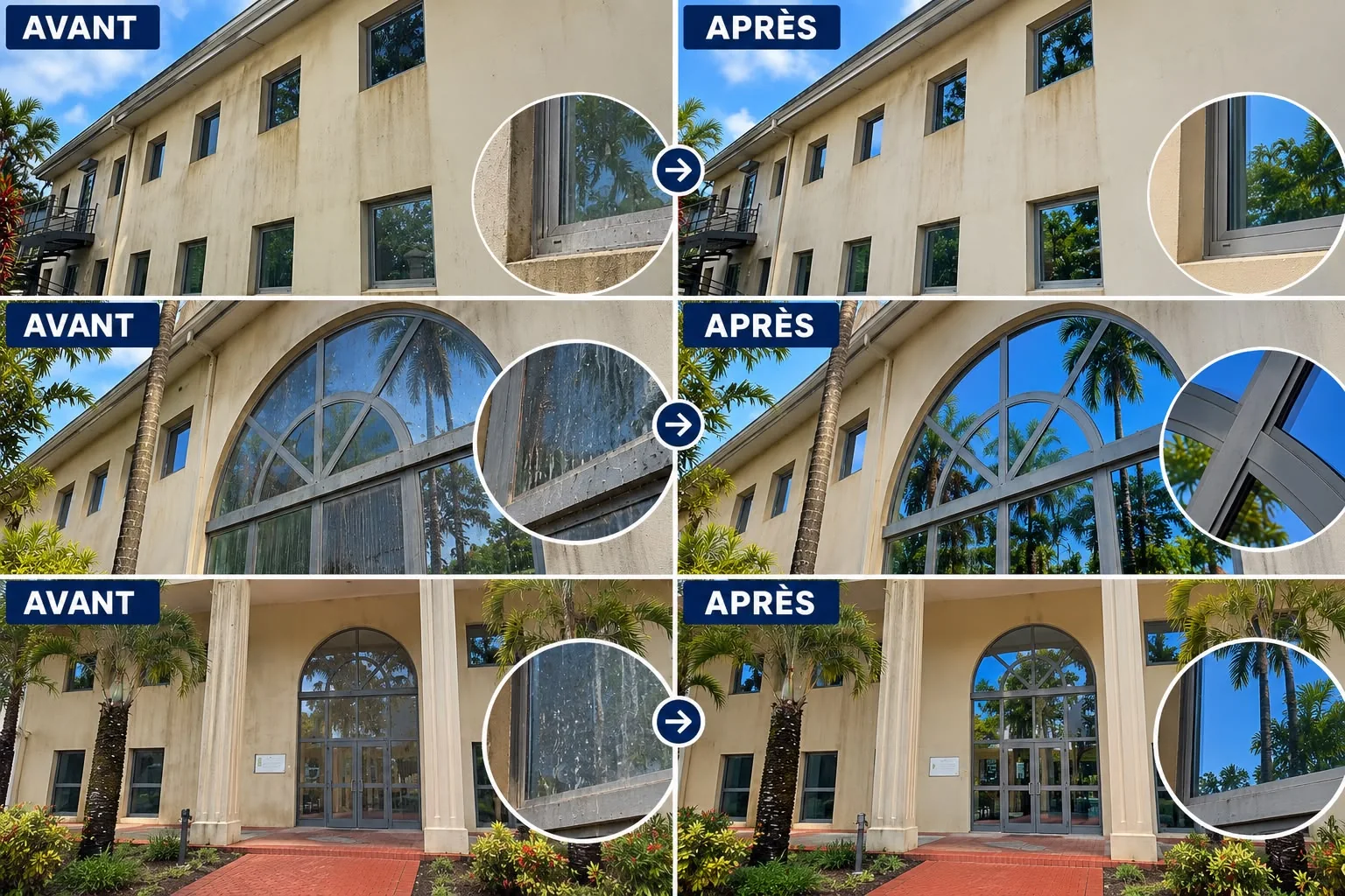 Avant / après : façade et verrière en arche d'un bâtiment, nettoyées par Lavage Express 972
